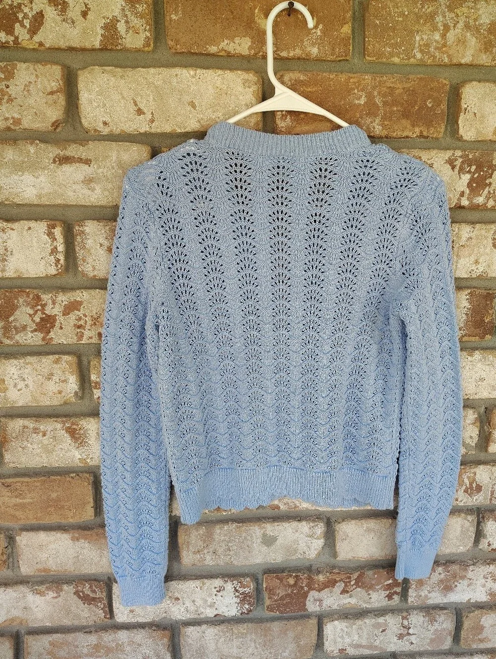LOFT Light Blue Pointelle Knit Cardigan Sweater Womens Size XS Scalloped Cropped
